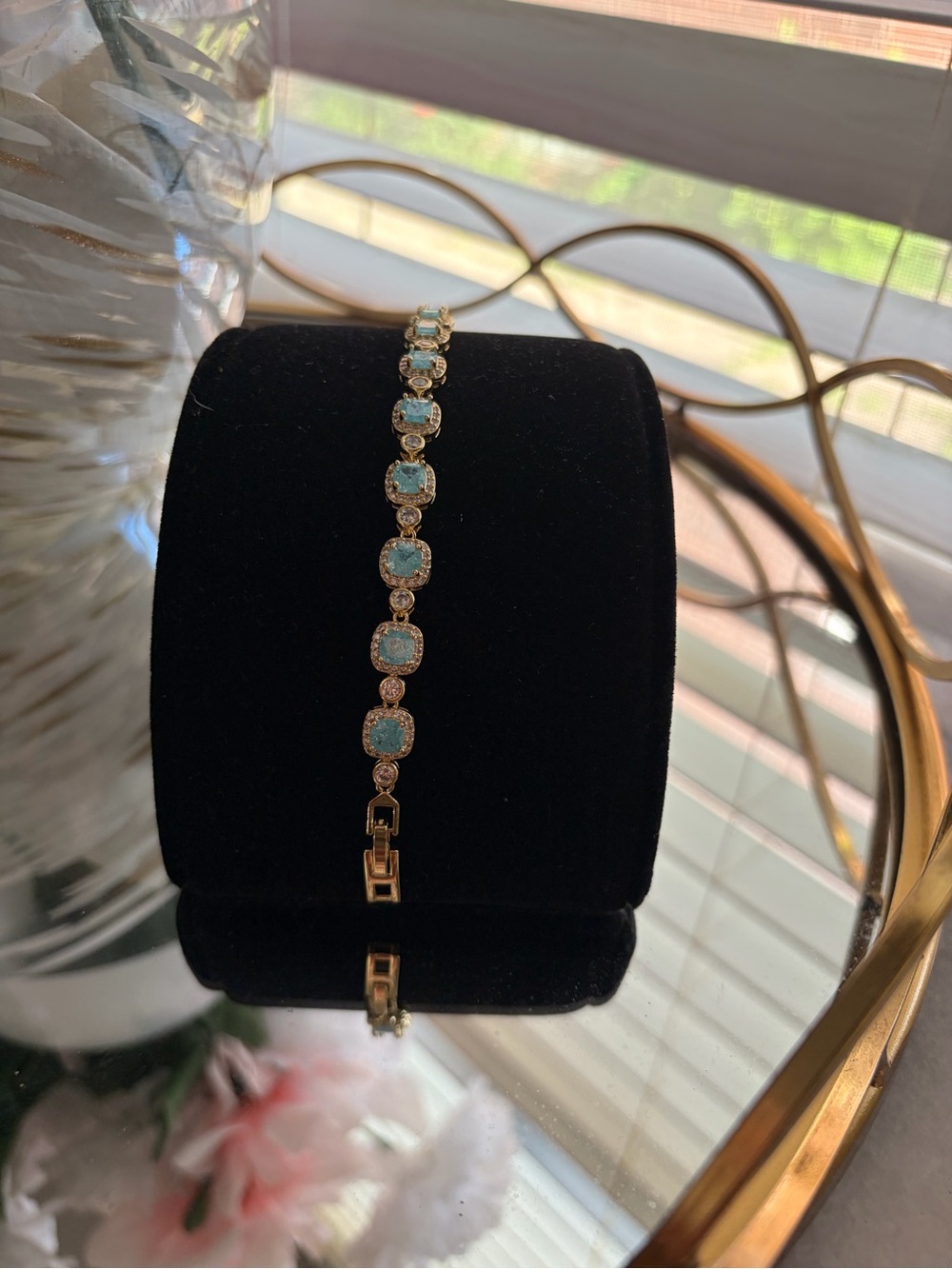 Gold-Tone Aqua Blue Tennis Bracelet with gemstone Accents